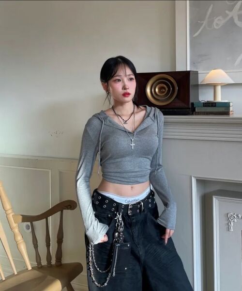 DOLPHIN WAVE APPAREL（ドルフィンウェーブアパレル）の「ドルフィンリブスリムヘンリーネックフードパーカー メランジグレー（パーカー・レディース・その他・FREE）」の7枚目の写真