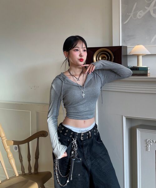 DOLPHIN WAVE APPAREL（ドルフィンウェーブアパレル）の「ドルフィンリブスリムヘンリーネックフードパーカー メランジグレー（パーカー・レディース・その他・FREE）」の8枚目の写真