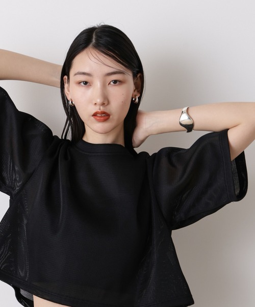 NANO universe(ナノユニバース)の「「STEVELOUR」シアーメッシュショートトップス(セットアップ可)(Tシャツ/カットソー・レディース・ブラック/ホワイト・FREE)」の3枚目の写真