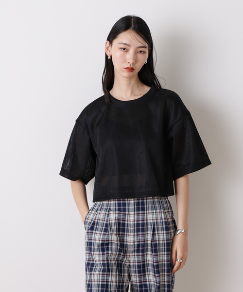 NANO universe(ナノユニバース)の「「STEVELOUR」シアーメッシュショートトップス(セットアップ可)(Tシャツ/カットソー・レディース・ブラック/ホワイト・FREE)」の4枚目の写真