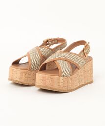 FABIO RUSCONI | ファビオルスコー二 / ELB4626 VITTELO CUOIO/RAFIA BEIGE 厚底クロスストラップサンダル(サンダル)