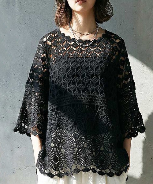 antiqua(アンティカ)の「透かし編み 綿100 レーストップス(その他トップス・レディース・ブラック/ナチュラル・ONESIZE)」の2枚目の写真