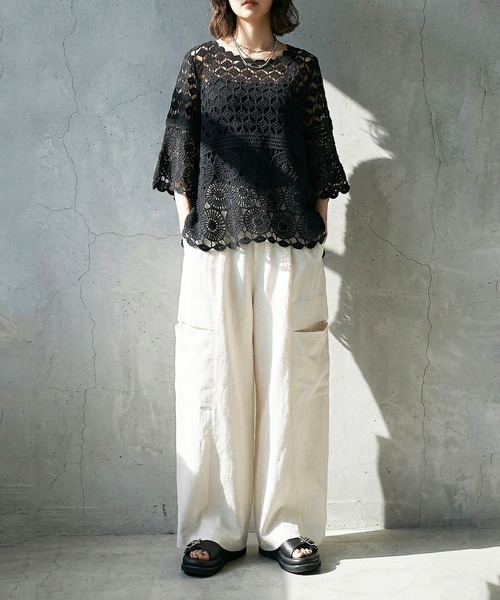 antiqua(アンティカ)の「透かし編み 綿100 レーストップス(その他トップス・レディース・ブラック/ナチュラル・ONESIZE)」の3枚目の写真