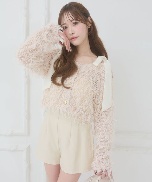 MAJESTIC LEGON(マジェスティックレゴン)の「チュールリボンカーディガン(カーディガン/ボレロ・レディース・ブラック/ピンクベージュ/アイボリー・MEDIUM)」の3枚目の写真