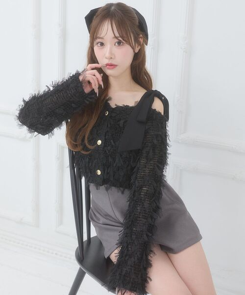 MAJESTIC LEGON(マジェスティックレゴン)の「チュールリボンカーディガン(カーディガン/ボレロ・レディース・ブラック/ピンクベージュ/アイボリー・MEDIUM)」の2枚目の写真