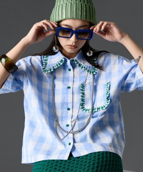 GEVS.(ジェイヴィス)の「綿100%ビッグカラーギンガムチェックシャツ<大きいサイズ有>GEVS.(シャツ/ブラウス・レディース・ブルー系/ブラック系・3L/LL/L/M/5L/4L)」の12枚目の写真