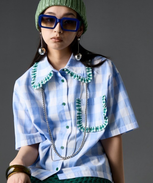 GEVS.(ジェイヴィス)の「綿100%ビッグカラーギンガムチェックシャツ<大きいサイズ有>GEVS.(シャツ/ブラウス・レディース・ブルー系/ブラック系・3L/LL/L/M/5L/4L)」の17枚目の写真