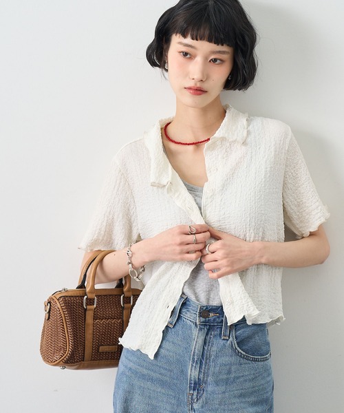 NOGLE(ノグル)の「【NOGLE/ノグル】配色メロー半袖シャツ(シャツ/ブラウス・レディース・アイボリー/ブルー/イエロー/ミント/ブラウン/ブラック・FREE)」の2枚目の写真