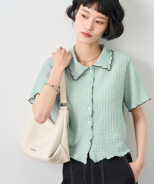 NOGLE(ノグル)の「【NOGLE/ノグル】配色メロー半袖シャツ(シャツ/ブラウス・レディース・アイボリー/ブルー/イエロー/ミント/ブラウン/ブラック・FREE)」の1枚目の写真