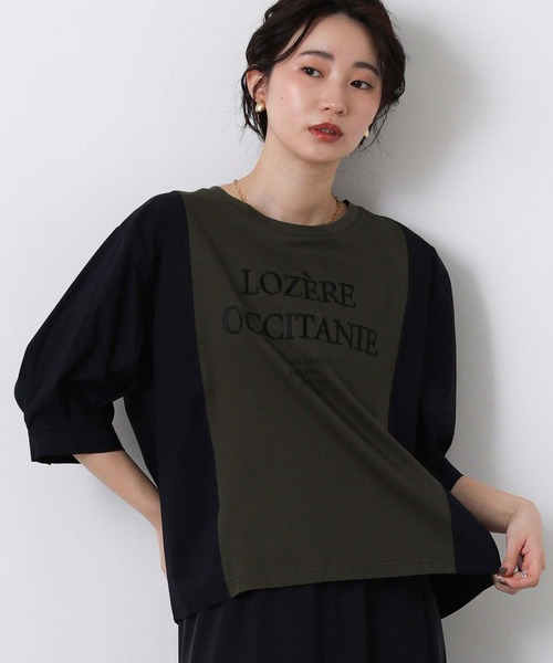 Gready Brilliant（グレディブリリアン）の「フロントロゴ布帛ドッキング５分袖カットソー（Tシャツ/カットソー・レディース・オフホワイト/チャコールグレー・FREE）」の2枚目の写真