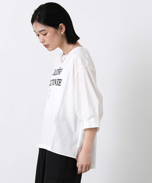 Gready Brilliant（グレディブリリアン）の「フロントロゴ布帛ドッキング５分袖カットソー（Tシャツ/カットソー・レディース・オフホワイト/チャコールグレー・FREE）」の8枚目の写真