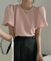 ラウンドネック パフスリーブ ワッフルテクスチャ 半袖 トップス