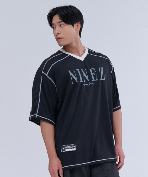 NINEZ(ナインゼット)の「ワッフルメッシュラグビーオーバーサイズTシャツ (2カラー)(Tシャツ/カットソー・メンズ・ブラック/ネイビー・X-LARGE/2XL/LARGE)」の3枚目の写真