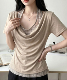 シアーチェックホルターネック レイヤード風ドレープトップス