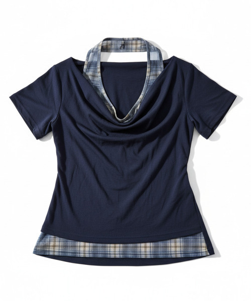 VIVID LADY(ビビッドレディー)の「シアーチェックホルターネック レイヤード風ドレープトップス(Tシャツ/カットソー・レディース・グレー/ベージュ/ネイビー・FREE)」の22枚目の写真