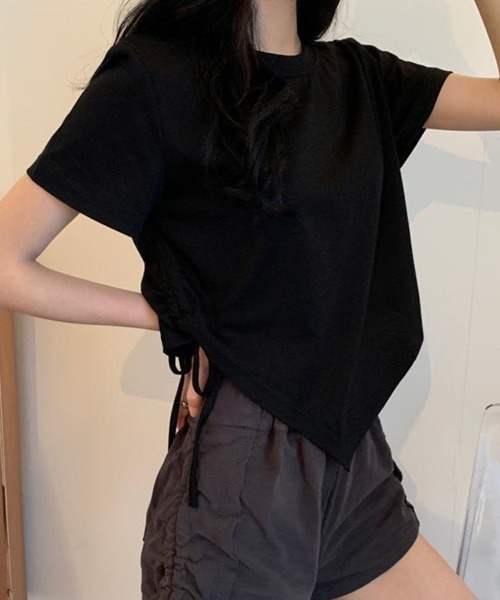 mielu(ミエル)の「アシメデザインギャザーTシャツ(Tシャツ/カットソー・レディース・グレー/ブラック・LARGE/MEDIUM)」の1枚目の写真