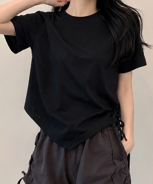 mielu(ミエル)の「アシメデザインギャザーTシャツ(Tシャツ/カットソー・レディース・グレー/ブラック・LARGE/MEDIUM)」の4枚目の写真