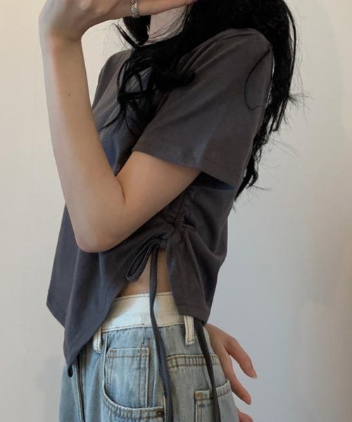 mielu(ミエル)の「アシメデザインギャザーTシャツ(Tシャツ/カットソー・レディース・グレー/ブラック・LARGE/MEDIUM)」の7枚目の写真