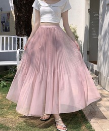 チュールスカート プリーツスカート ロング フレア ウエストゴム