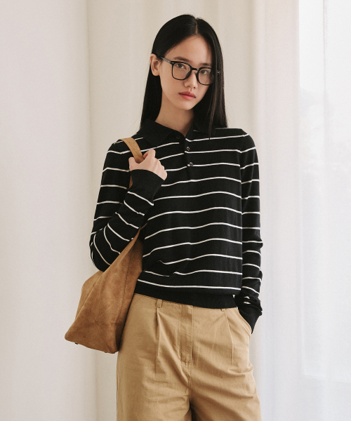 LEFTSEOUL（レフトソウル）の「モノストライプカラーニット[ブラック]（ニット/セーター・レディース・ブラック・SMALL/MEDIUM）」の2枚目の写真