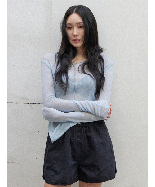 MORVE13（モルブ13）の「シアーウェーブライニングTシャツ（ピュアブルー）（Tシャツ/カットソー・レディース・ライトパープル/ミント/ダークグレー/ライトグレー/スカイブルー・FREE）」の6枚目の写真