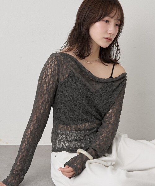 mline（エムライン）の「[mline]オフショル ドレープトップス（Tシャツ/カットソー・レディース・アイボリー/チャコールグレー・FREE）」の20枚目の写真