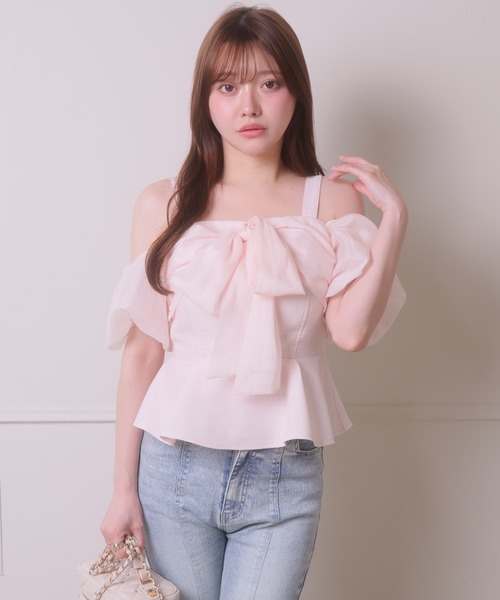 LIPSERVICE（リップサービス）の「リボンオフショルペプラムトップス（Tシャツ/カットソー・レディース・ブラウン/ブラック/ピンク/アイボリー・FREE）」の14枚目の写真