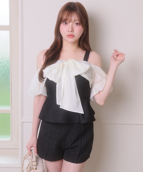 LIPSERVICE（リップサービス）の「リボンオフショルペプラムトップス（Tシャツ/カットソー・レディース・ブラウン/ブラック/ピンク/アイボリー・FREE）」の9枚目の写真