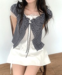 チェック柄レイヤードライクギャザーブラウス