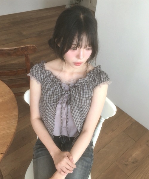 Girly Doll(ガーリードール)の「チェック柄レイヤードライクギャザーブラウス(シャツ/ブラウス・レディース・パープル/ブラック・FREE)」の8枚目の写真