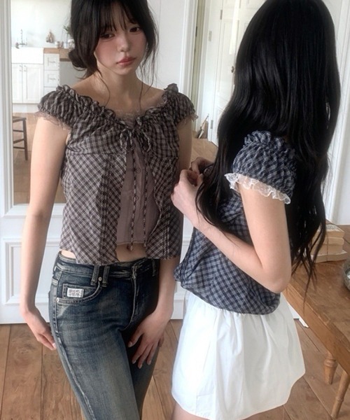 Girly Doll(ガーリードール)の「チェック柄レイヤードライクギャザーブラウス(シャツ/ブラウス・レディース・パープル/ブラック・FREE)」の9枚目の写真