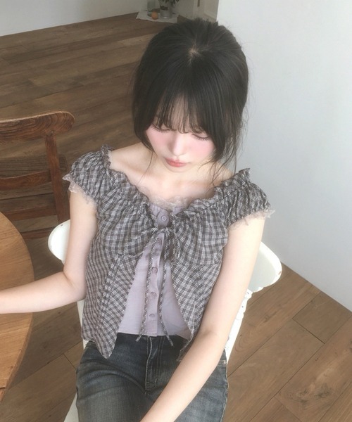 Girly Doll(ガーリードール)の「チェック柄レイヤードライクギャザーブラウス(シャツ/ブラウス・レディース・パープル/ブラック・FREE)」の10枚目の写真