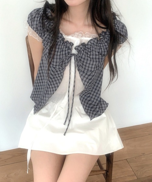 Girly Doll(ガーリードール)の「チェック柄レイヤードライクギャザーブラウス(シャツ/ブラウス・レディース・パープル/ブラック・FREE)」の3枚目の写真