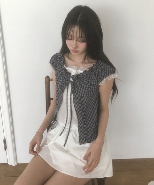 Girly Doll(ガーリードール)の「チェック柄レイヤードライクギャザーブラウス(シャツ/ブラウス・レディース・パープル/ブラック・FREE)」の4枚目の写真