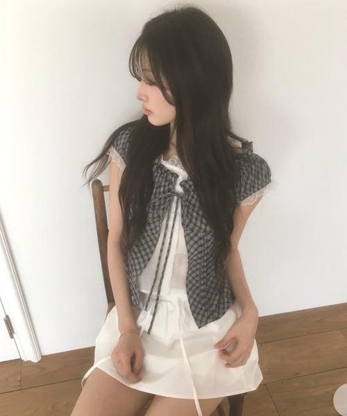 Girly Doll(ガーリードール)の「チェック柄レイヤードライクギャザーブラウス(シャツ/ブラウス・レディース・パープル/ブラック・FREE)」の5枚目の写真