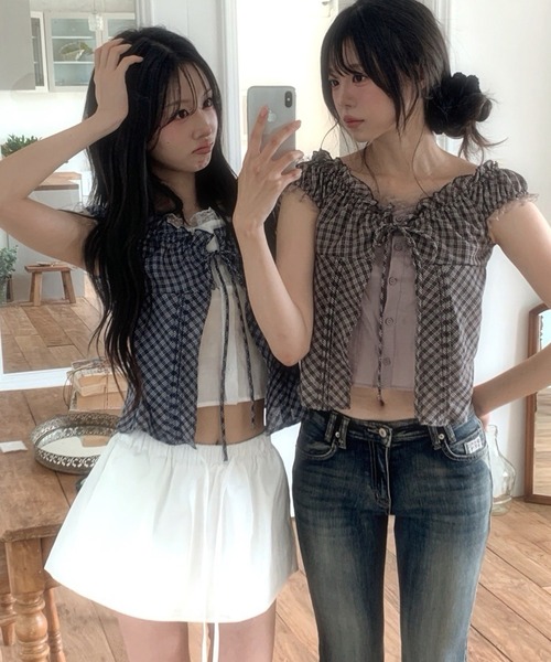Girly Doll(ガーリードール)の「チェック柄レイヤードライクギャザーブラウス(シャツ/ブラウス・レディース・パープル/ブラック・FREE)」の13枚目の写真