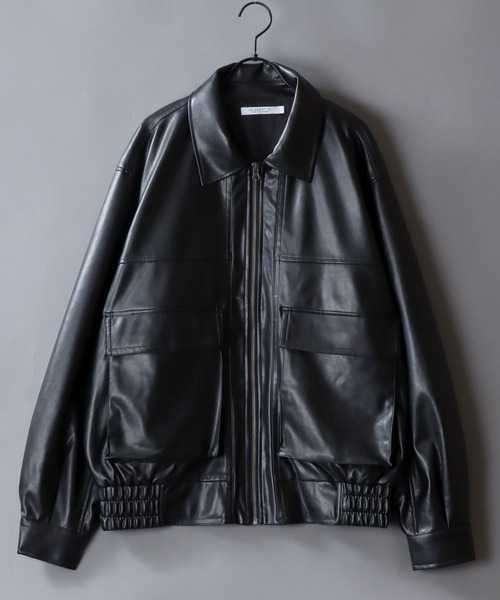 SITRY(シトリー)の「Synthetic Leather A-2 Jacket/フェイクレザー オーバーサイズ A-2フライトジャケット ブルゾン(ブルゾン・メンズ・ブラック・M/L/LL)」の2枚目の写真