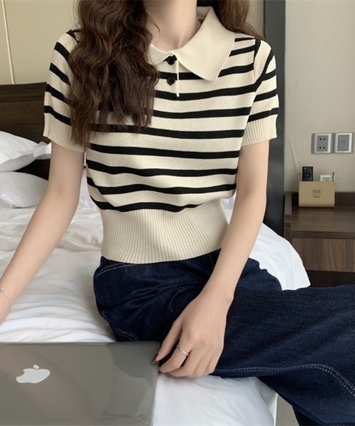 Beststore(ベストストア)の「ボーダー柄 襟付きショート丈 サマーニットポロシャツ(ポロシャツ・レディース・チョコ/ホワイト/ブラック/ベージュ/モカ/ネイビー・FREE)」の1枚目の写真