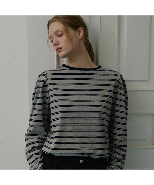NONLOCAL(ノンローカル)の「ダブルストライプパフロングスリーブ - グレー(Tシャツ/カットソー・レディース・ブラック×グレー・FREE)」の1枚目の写真
