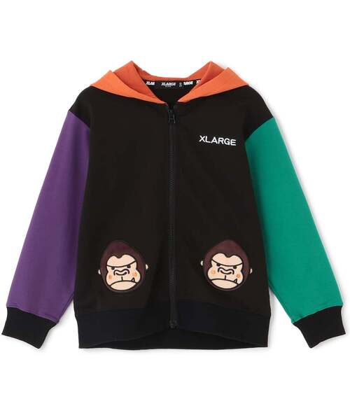 XLARGE KIDS(エクストララージキッズ)の「ファニーゴリラ カラーブロックジップパーカ(Tシャツ/カットソー・キッズ・ブラック/トップグレー・100cm/90cm/110cm/140cm/130cm/80cm/120cm)」の1枚目の写真