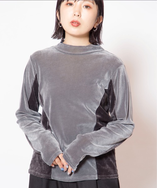 OSMOSIS(オズモーシス)の「フロッキーハイネック切替長袖Tシャツ(Tシャツ/カットソー・レディース・ブラウン/グレー/ブラック・ONE SIZE)」の3枚目の写真