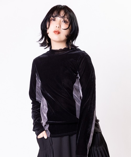 OSMOSIS(オズモーシス)の「フロッキーハイネック切替長袖Tシャツ(Tシャツ/カットソー・レディース・ブラウン/グレー/ブラック・ONE SIZE)」の2枚目の写真