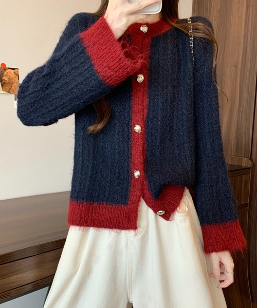 LUCPY(ラクピー)の「配色ラインケーブルニットカーディガン(カーディガン/ボレロ・レディース・ブルー/ホワイト/グレー・FREE)」の1枚目の写真