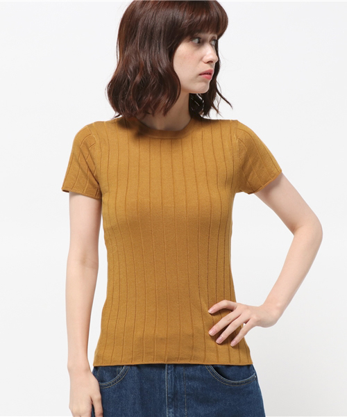 SLY(スライ)の「WIDE RIB HG 半袖TOPS-S(ニット/セーター・レディース・ネイビー/イエロー系その他/ブラック/ホワイト/ワインレッド・1/2)」の1枚目の写真