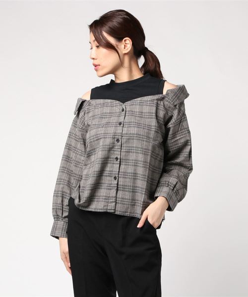 STYLEBLOCK（スタイルブロック）の「オーバーチェック×天竺切替ブラウス（シャツ/ブラウス・レディース・グレー/ホワイト/ベージュ・M）」の6枚目の写真