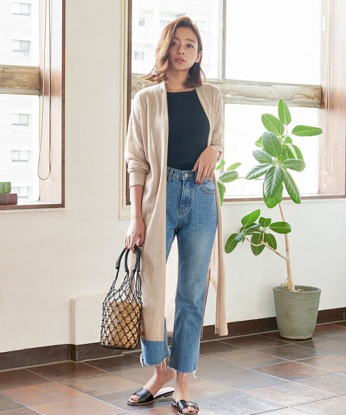 KOBE LETTUCE（コウベレタス）の「リネン混ハイゲージロングニットカーディガン（カーディガン/ボレロ・レディース・ベージュ/ネイビー/ミント/ベージュ系その他・FREE）」の2枚目の写真