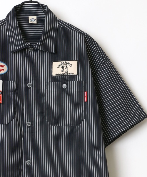 AMERICAN SHOP SIGN（アメリカンショップサイン）の「AMERICAN SHOP SIGN/アメリカンショップサイン Uncle John's ワッペン クレリック ストライプ ワークシャツ（シャツ/ブラウス・メンズ・オフホワイト/サックスブルー/ブラック系その他/ホワイト系その他/チャコール・LL/M/L）」の3枚目の写真