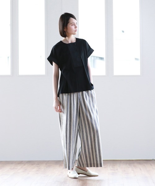 Pao de lo（パオデロ）の「【VOYAGE】フレンチリネンストライプワイドパンツ（その他パンツ・レディース・ベージュ/ネイビー・9号）」の4枚目の写真