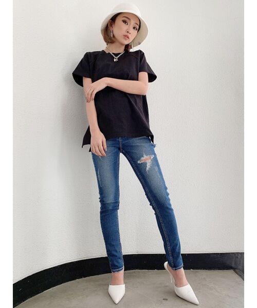 GYDA(ジェイダ)の「リブネックUSA COTTON Tシャツ【サスティナブル】(Tシャツ/カットソー・レディース・オフホワイト/ブラック/ベージュ・FREE)」の7枚目の写真