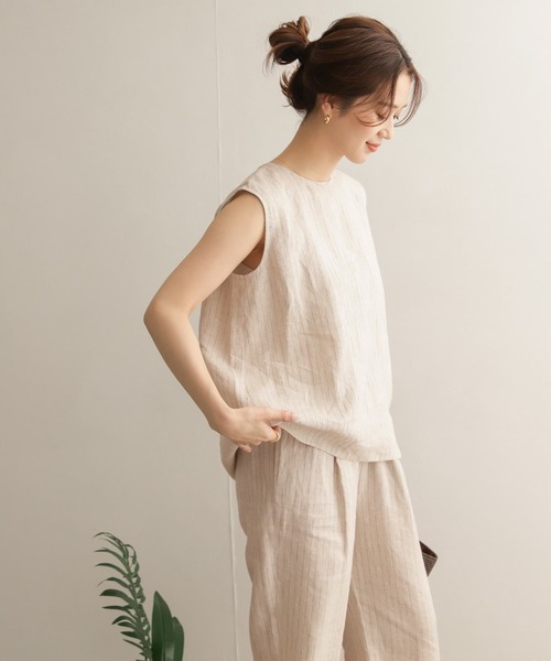 セール】リネンストライプノースリーブブラウス（シャツ/ブラウス